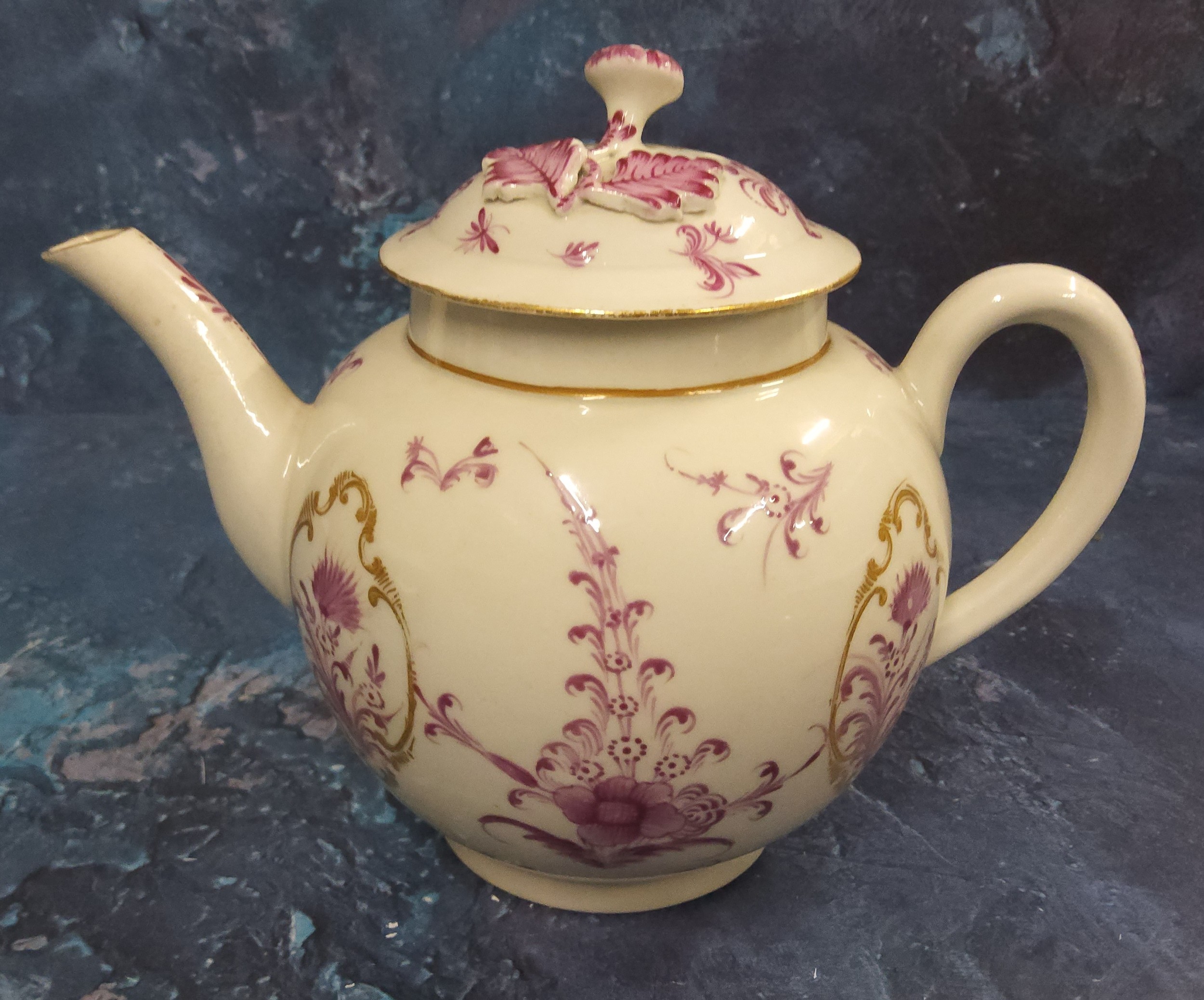 A Worcester globular teapot and cover,  painted in Meissen style with puce flowers in gilt - Image 3 of 6