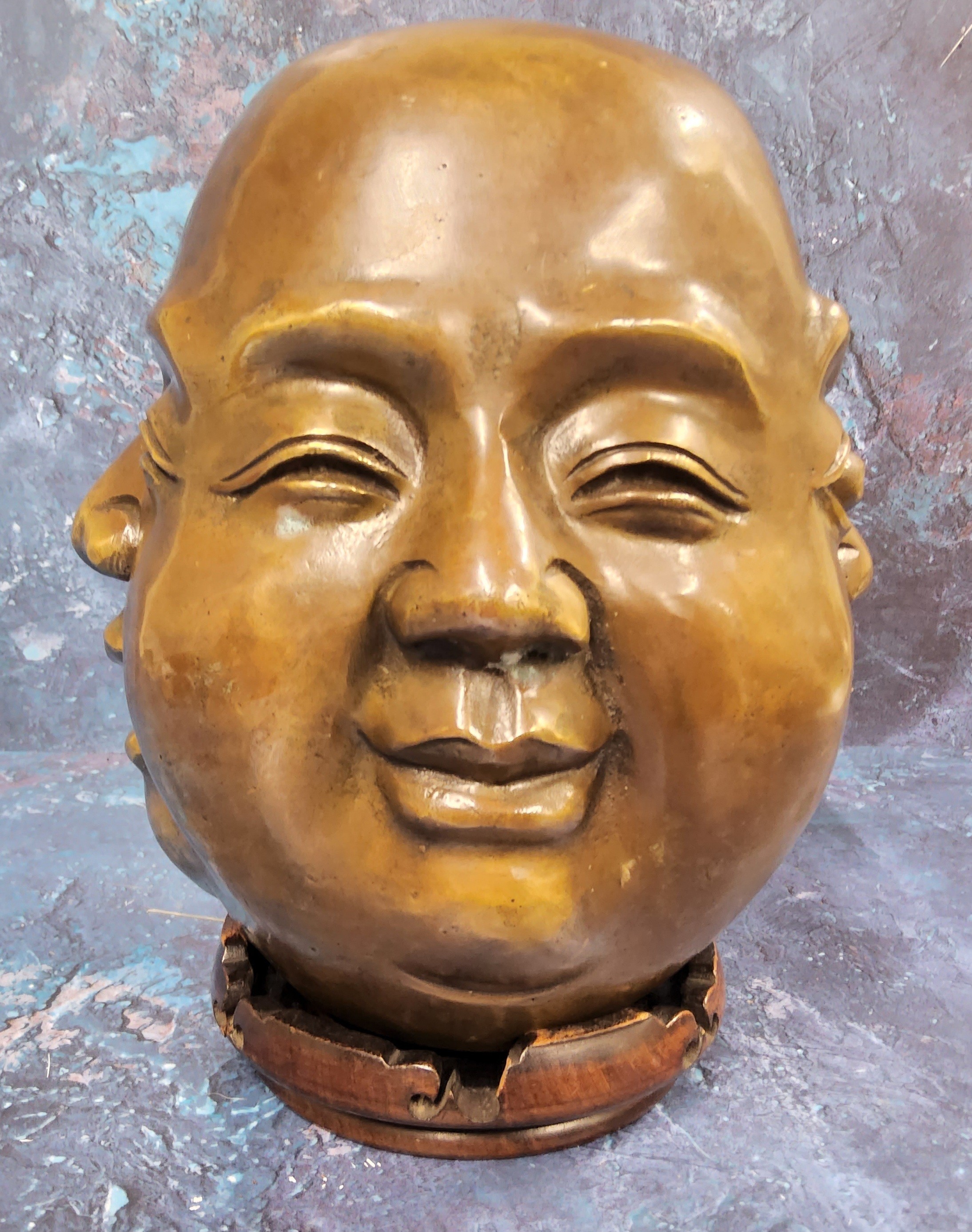 Chinese School, a brown patinated bronze, The Four Faces of Buddha, 24cm high, hardwood stand - Image 2 of 6