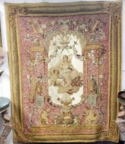 A 19th century French Aubusson tapestry in pink and gold decorated with urns, peacocks, putti and