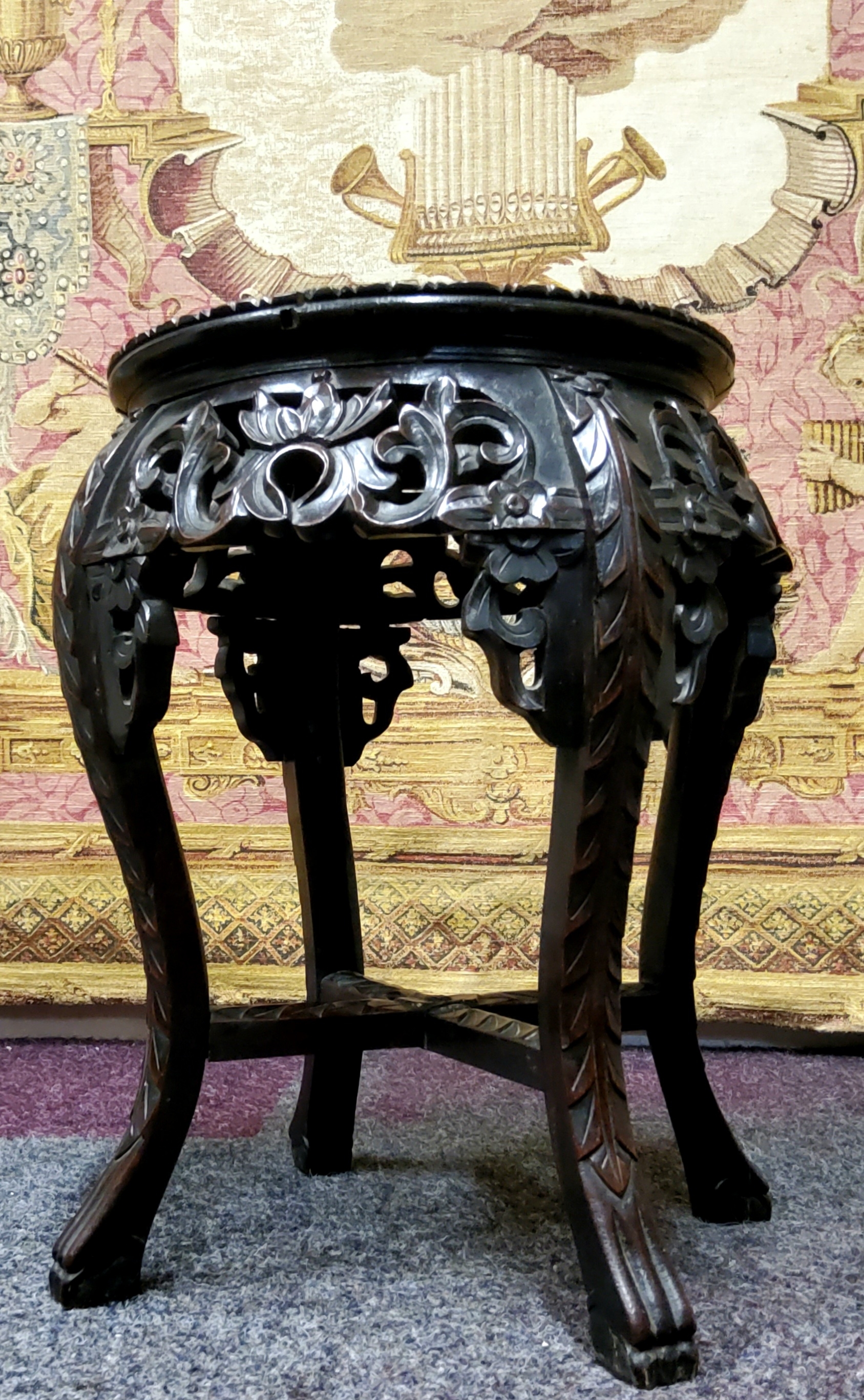 A 19th century Chinese hardwood jardiniere stand, circular top inset with a well figured marble - Image 3 of 4