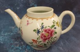 A Worcester teapot and cover,  painted in famille rose style with a large chrysanthemum and other