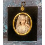 A 19th century porcelain oval plaque, of a young bride, 8.5cm high, ebonised frame