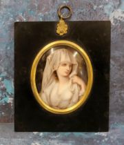 A 19th century porcelain oval plaque, of a young bride, 8.5cm high, ebonised frame
