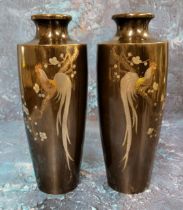 A pair of Japanese tapering cylindrical bronze vase, applied in mixed metals with long tailed