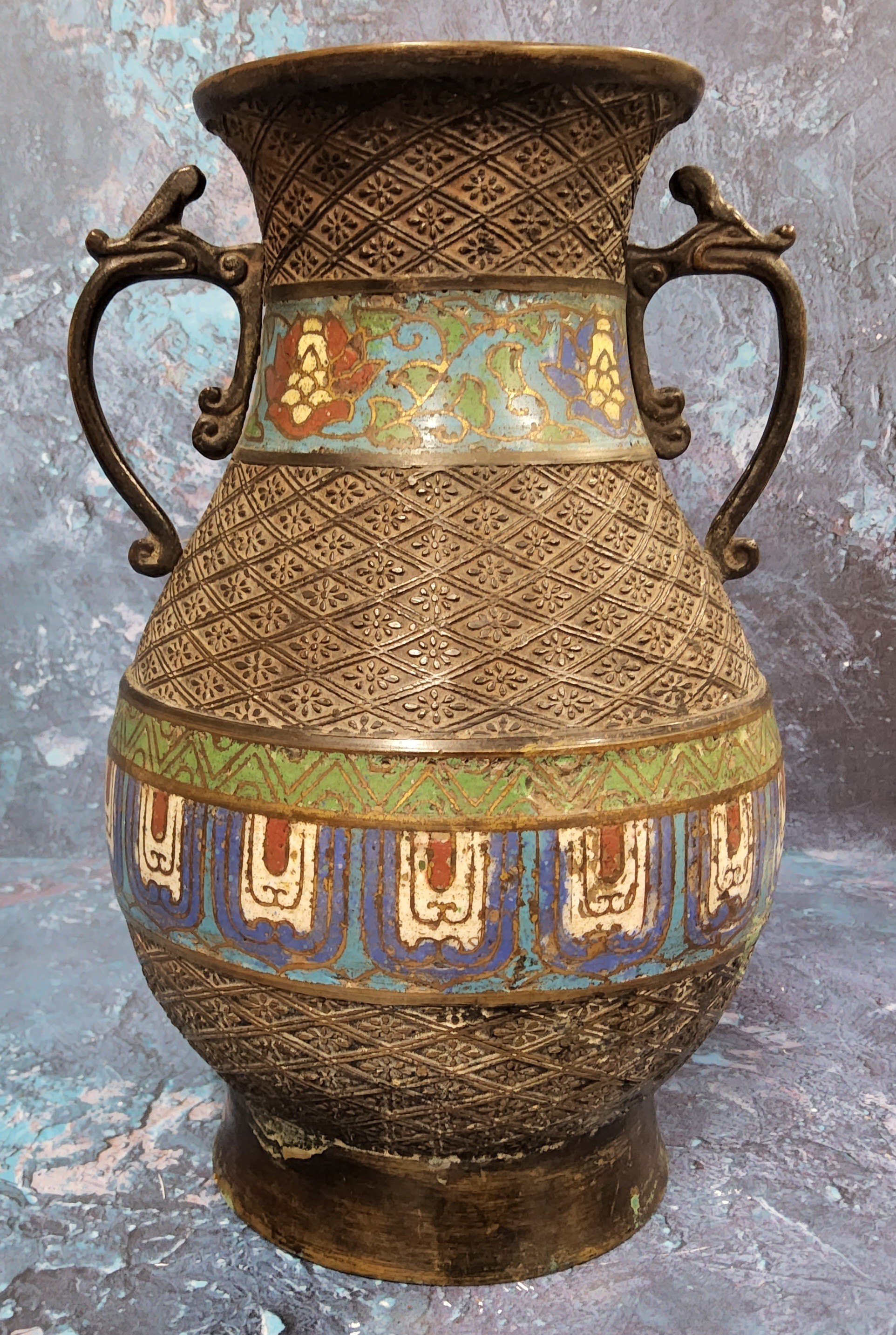 An early 20th century Japanese bronze and cloisonne two handled vase, banded with stylised flowers - Image 2 of 3