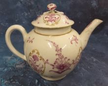 A Worcester globular teapot and cover,  painted in Meissen style with puce flowers in gilt