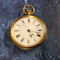 A Victorian 18ct gold open faced pocket watch, keyless fusee movement marked 72458, white enamel