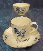 A Worcester Gilliflower pattern fluted coffee cup, tea bowl and saucer, crescent and workman's mark,