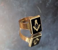 A Masonic 9ct rose gold ring, size U, the shank stamped 9ct 6.38g gross