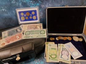 Numismatics - A Master Lock safe box, with key; a coin collector's carrying case holding mixed world