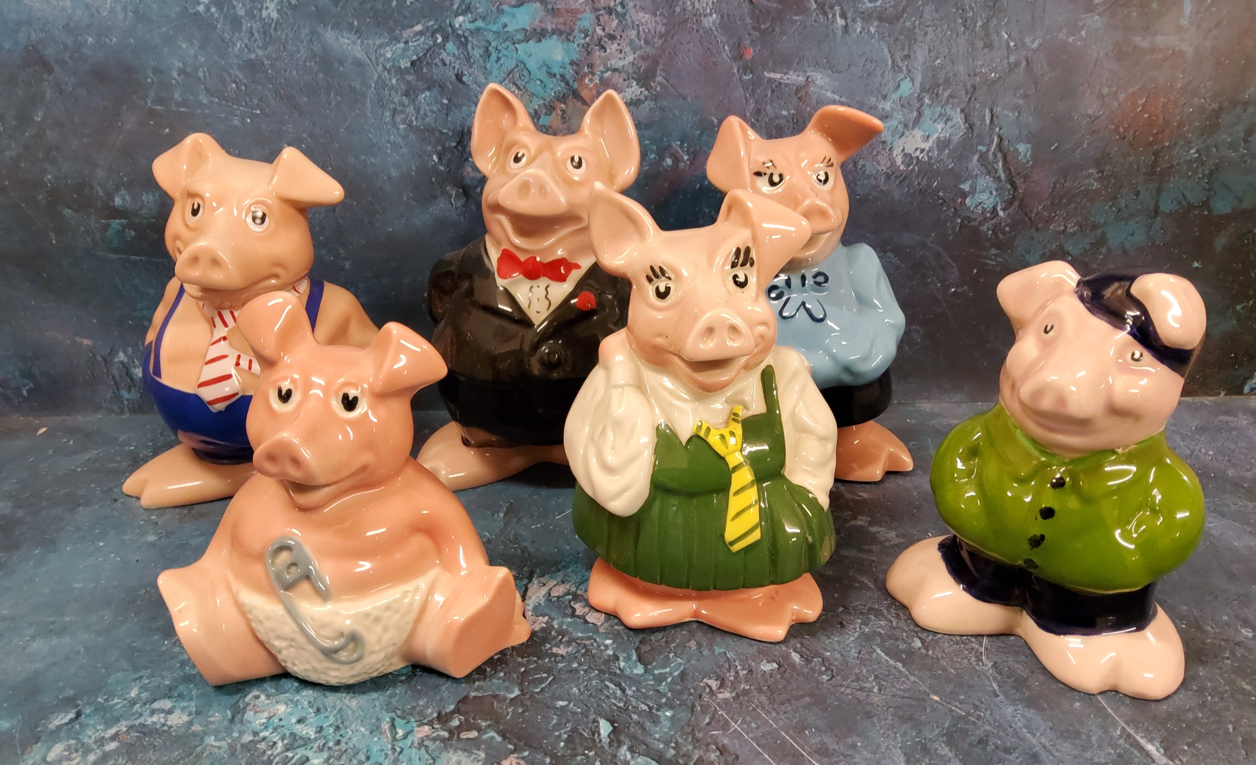 A set of five Wade Natwest pigs, Woody; Annabel; Maxwell; Lady Hilary and Sir Nathaniel'