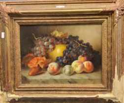 J**Mitchell, 20th century, Still Life, Fruit on a Ledge, signed, oil on board, 28cm x 38cm