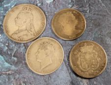 A Queen Victoria crown; George IV half crown 1826, another 1821; a George III half crown 1817 (4)