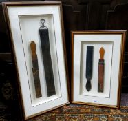Two framed displays of Barbers Strops; The "perfection" Strop, T. Glossop Sheffield The Cushion's;