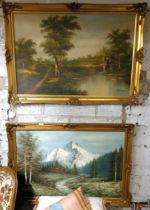 Enderby (20th century) At The Rivers Edge;  anotger Mountainscape, large oil on canvas, each in