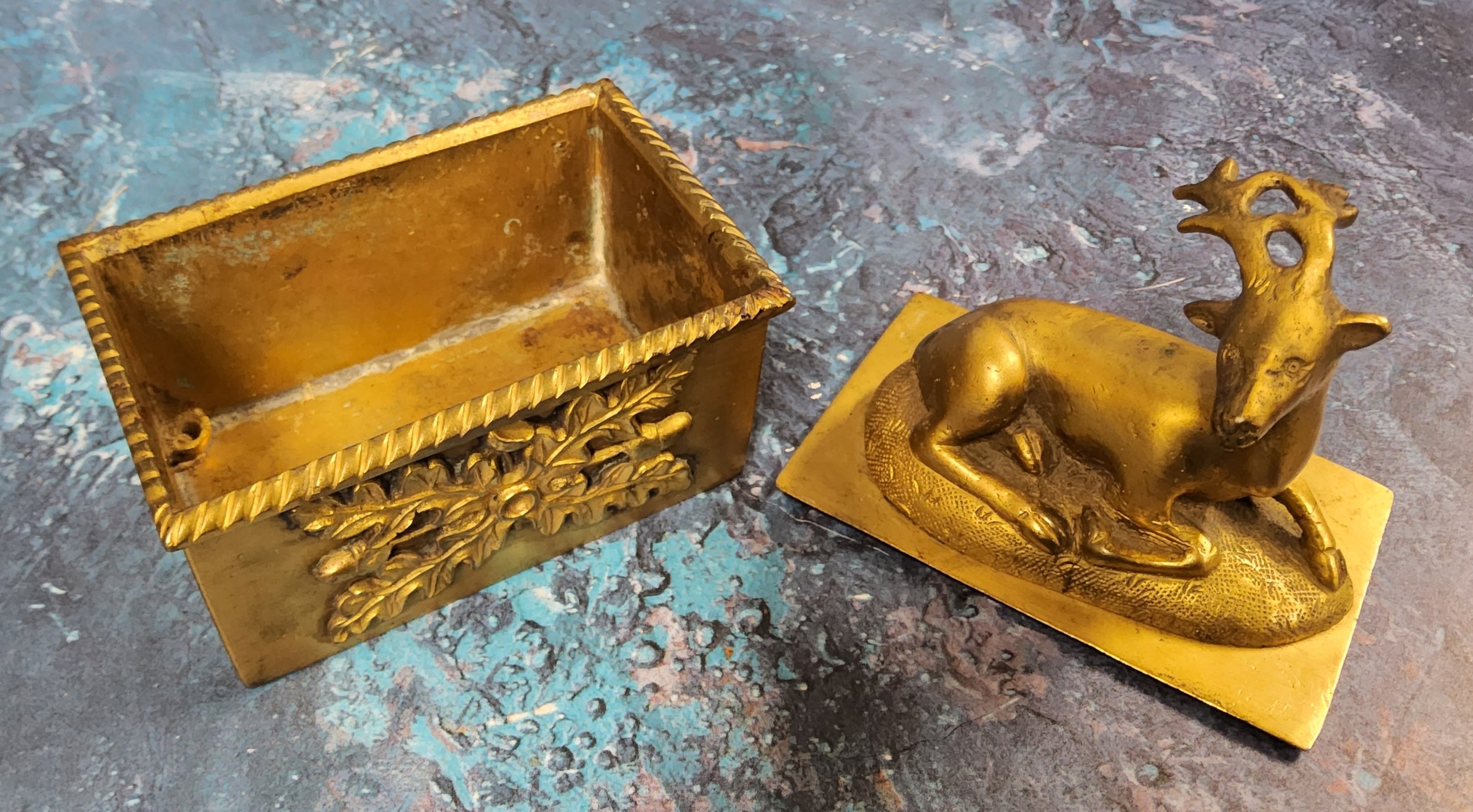 A 19th century gilt bronze rectangular desk box, the cover surmounted with a recumbent stag, the - Image 4 of 5