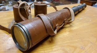 Militaria - a WWI four-draw leather and brass telescope marked L. Casella 147 Holborn Bars, London