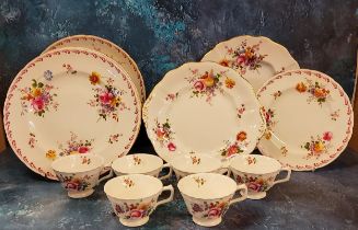 A set of six Royal Crown Derby Posie pattern teacups, heraldic border, printed mark in red;  Posie