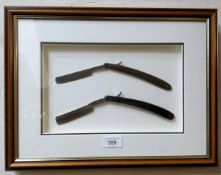 Barber Shop Interest - A framed display of two cut throat razors; ART and A. Wilson & Son,