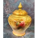 A Royal Worcester James Hadley lobed ovoid pot pourri vase and cover,  painted with pink and