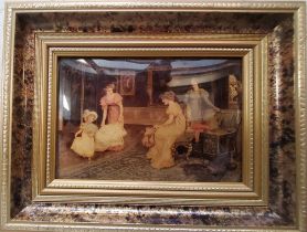 A Victorian crystoleum, of ladies and child dressing up, 16cm x 24cm, framed