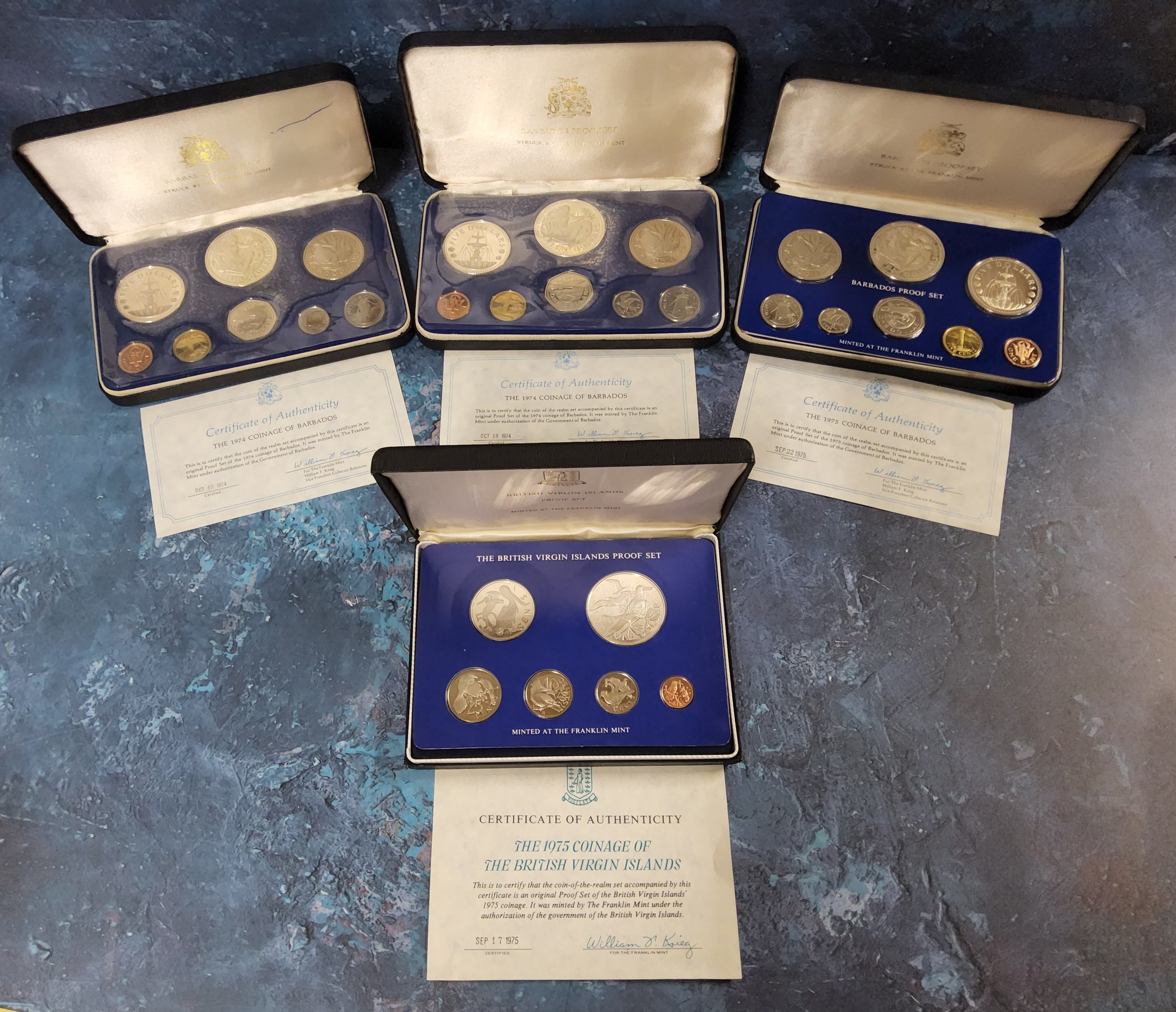 Two Barbados, National Coinage of Barbados, Proof Sets, Certificate of Authenticity, boxed, FDC,