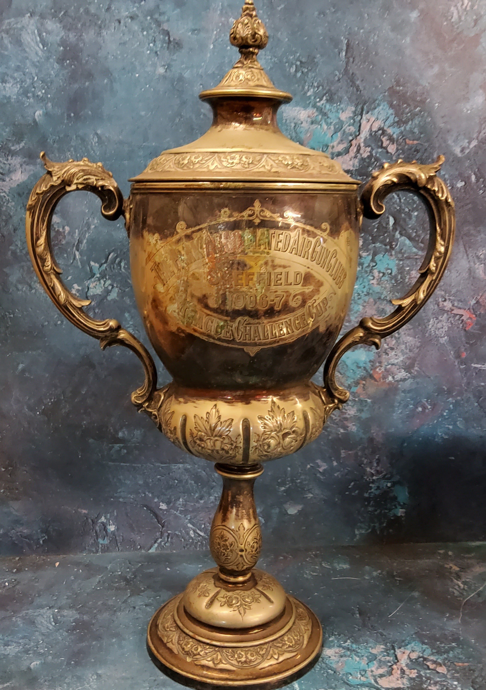 An E.P.B.M. two handled pedestal trophy cup, The Park Associated Ai Gun Clubs,  Sheffield 1906, 50cm