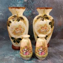 A pair of Victorian opaque glass ovoid vases, printed and painted with children and lambs, within