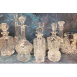 Cut glass decanters, ships, bottle, canted square and others;   cut glass water jug;  preserve pot