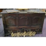 An 18th century oak blanket/mule chest, three arched panels to front, two drawers to base, 86cm