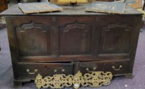 An 18th century oak blanket/mule chest, three arched panels to front, two drawers to base, 86cm