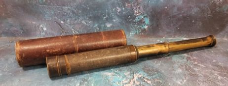 A 19th century brass and morocco leather three draw telescope, 48cm long, morocco leather case