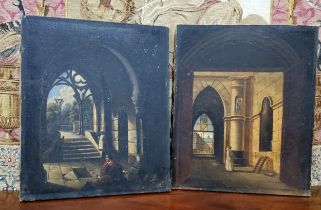 French School (19th Century)  Monastery Interiors At Dusk, a near pair, Indistinctly signed, oil