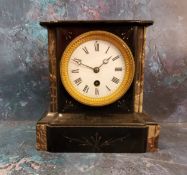 A Victorian slate mantel clock, Roman numerals, single winding holes, 20cm high, c.1870