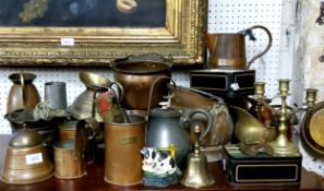 Brass and Copper Ware -  copper measuring jugs;   copper jugs;  coopered and brass bound jug;