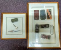 A framed display of Rolls Razer and similar; display of Ever-Ready barbers equipment.