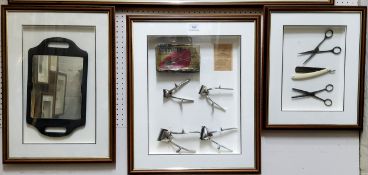 Three framed Barber Shop displays; Gong cut throat razor, Ama Cut; Horstator Hair Clipper display