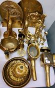 Brass and Copper Ware - a pair of brass coach lights;   candlesticks, horns;   trays, etc