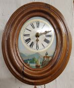 A continental oval wall clock, Roman numerals, the dial printed with sailing boats and mountains,