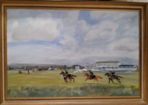 H G Buxton, 20th century, Running Out, Epson Downs, signed, dated 1995, oil on board, 50cm x 75cm