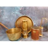 An Eccles miner's lamp, inscribed Protector Lamp and Lightning Co Ltd, Type 6;  a brass saucepan;  a