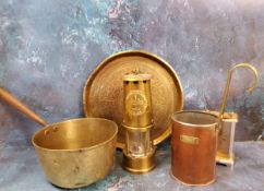 An Eccles miner's lamp, inscribed Protector Lamp and Lightning Co Ltd, Type 6;  a brass saucepan;  a