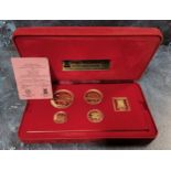 A 1979 Isle of Man Proof gold Sovereign 4-coin set includes a quintuple-sovereign (five-pound coin),