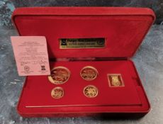 A 1979 Isle of Man Proof gold Sovereign 4-coin set includes a quintuple-sovereign (five-pound coin),