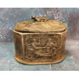 A 19th lead canted rectangular  tobacco box, the sides with jolly topers, greyhound finial, 9.5cm