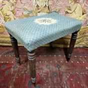 An early 20th century mahogany stool, tapestry stuffed-over seat, fluted tapering cylindrical