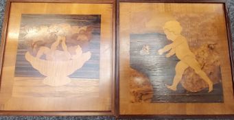A pair of Art Deco marquetry panels, inlaid in coloured woods with children, one with a butterfly,