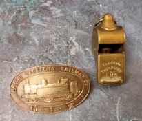 A Great Western Railway buckle, 5.75cm wide;  a LMS The Acme Thunder guard's whistle (2)