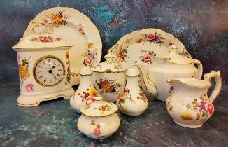 A Royal Crown Derby Posies pattern mantel clock;  a preserve pot;  a mustard pot and cover,  salt