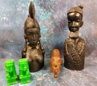 Tribal Art - a  pair of African ebony busts, 34cm high;  a hardwood Rhino;  etc